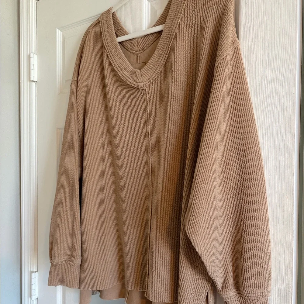 Aerie V-Neck Sweater in Tan - Picture 3 of 5